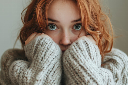 A young woman with red hair wearing a cozy, oversized gray sweater, holding her, a Person Photo by Textures & Backgrounds
