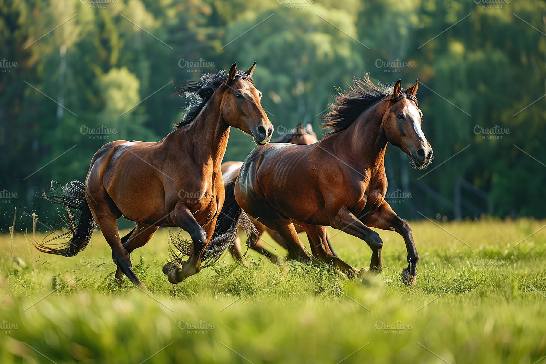 Three brown horses run gallop on green field, an Animal Photo by AlyaAnd