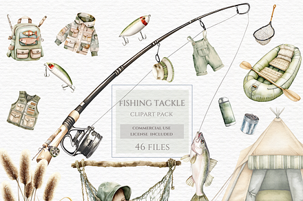 Fishing tackle watercolor clipart, a Decorative Illustration by Invite to Clipart