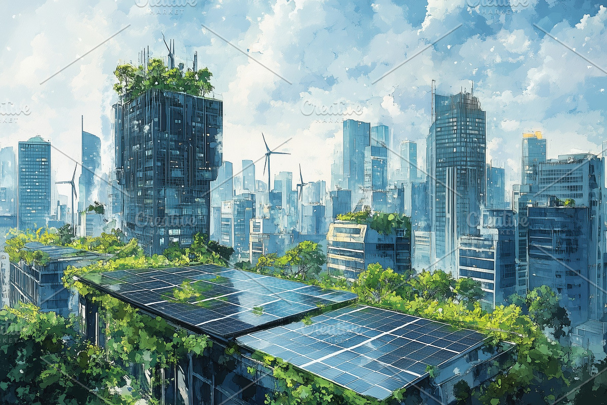 A futuristic cityscape featuring tall buildings with greenery and solar panels, a Technology Illustration by Textures & Backgrounds