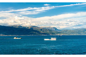 Boats in the Strait of Rion, Greece, a Transportation Photo by Leonid Andronov