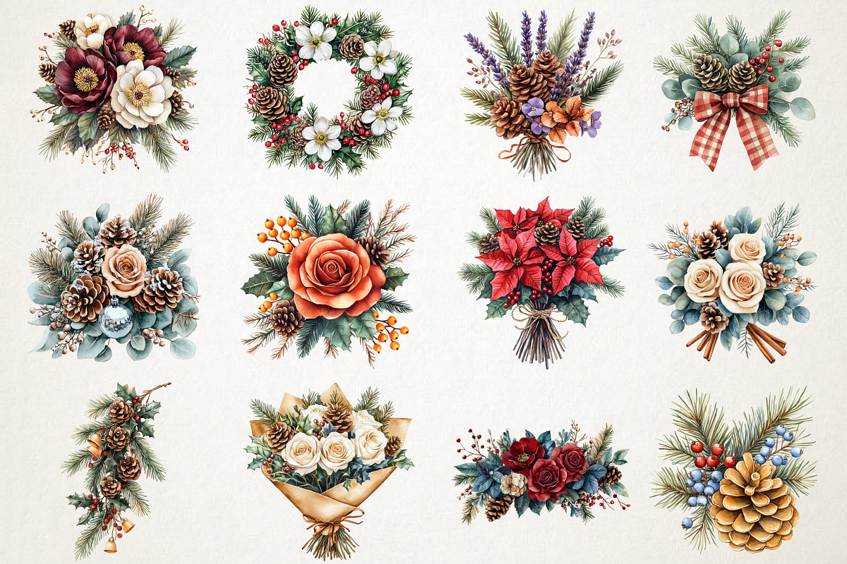 Festive Florals & Pinecones Clipart, an Illustration by RobertsArt (Photo 3 of 6)