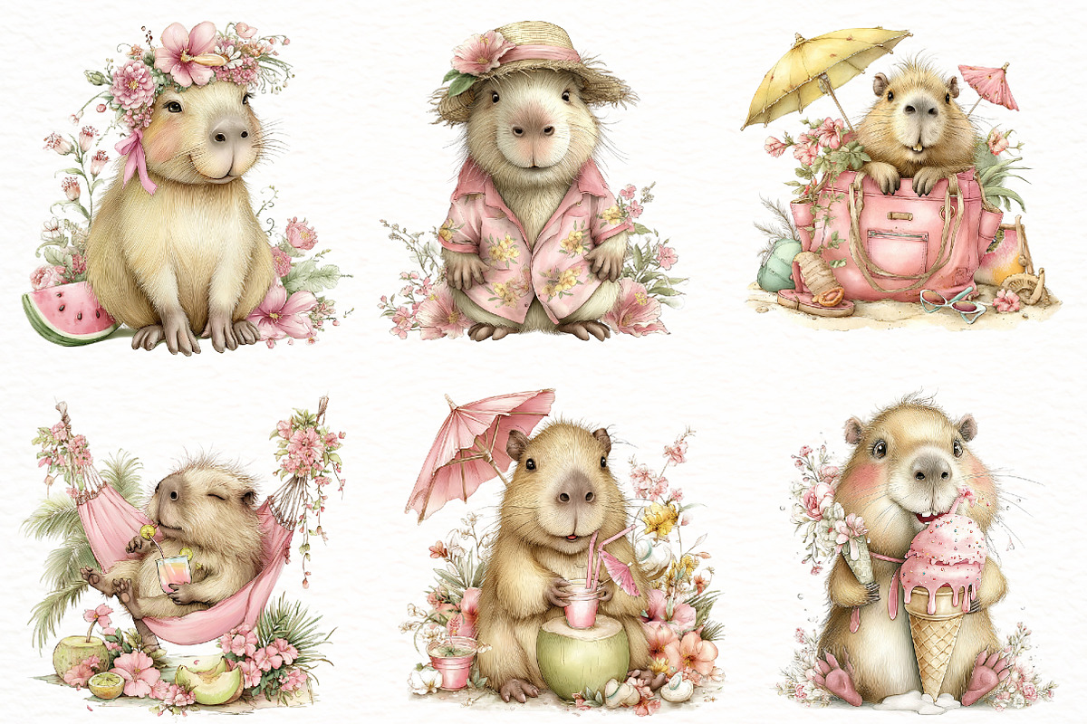 Whimsical Summer Capybara clipart, an Illustration by Designworld (Photo 3 of 7)