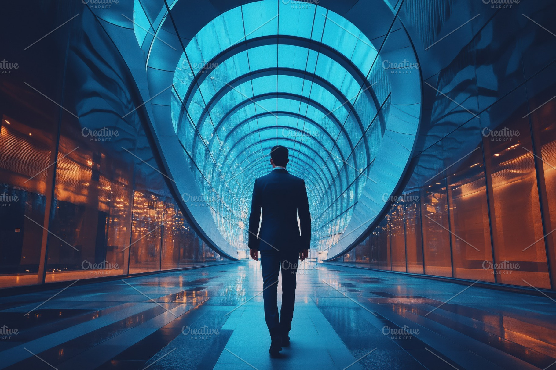 A silhouette of a man in a suit walking through a futuristic, illuminated corri, a Person Photo by Textures & Backgrounds