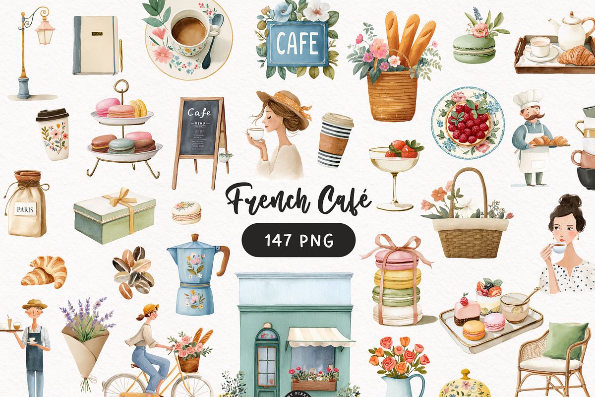 French Cafe Clipart - Cafe de Paris, a Decorative Illustration by PaintPixelCo (Photo 1 of 14)