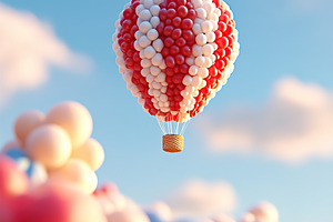 Hot air balloon floats above colorful clouds during bright sunset, a Holiday Photo by AlyaAnd