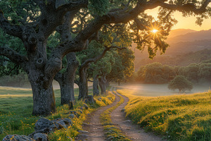 Winding country path through ancient oak trees at golden sunrise, a Photo by José Manuel Gelpi
