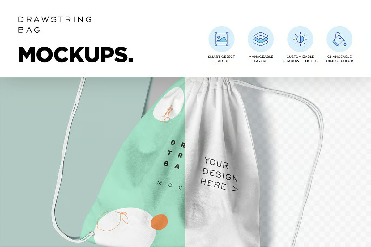 4 Drawstring Bag Mockups, a Packaging Mockup by megostudi0 (Photo 6 of 6)