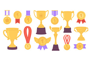 Winner medals golden cups. Flat, an Illustration by LadadikArt
