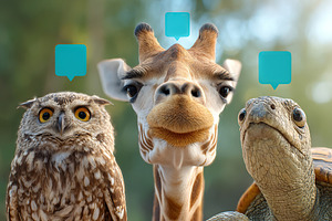 Diverse animal group with a giraffe, owl and tortoise engaged in playful conver, a Photo by AlyaAnd