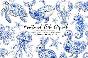 Chinoiserie Blue Sea Animals Clipart, a Work Illustration by CreationArt