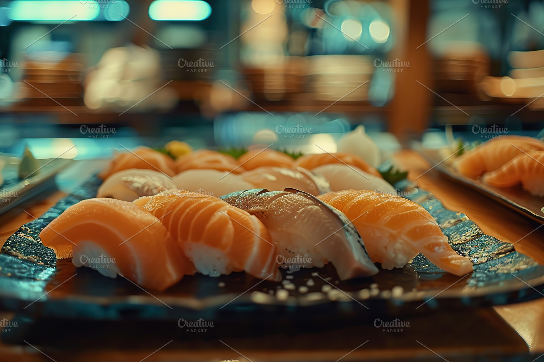 Assorted tasty sushi food in plate on restaurant table, a Food & Drink Photo by AlyaAnd