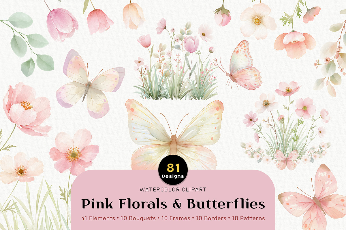 Pink Wildflower Butterfly Clipart, a Decorative Illustration by OKArtHub (Photo 1 of 11)