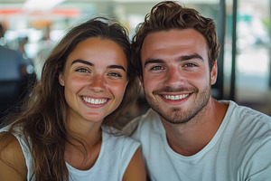 Couple enjoying a cheerful moment together while sitting in a casual setting, a Person Photo by AlyaAnd