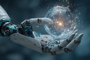 Robotic hand holding glowing digital, a Photo by Pixeness Studio