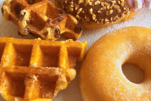 beautiful delicious waffles and donu