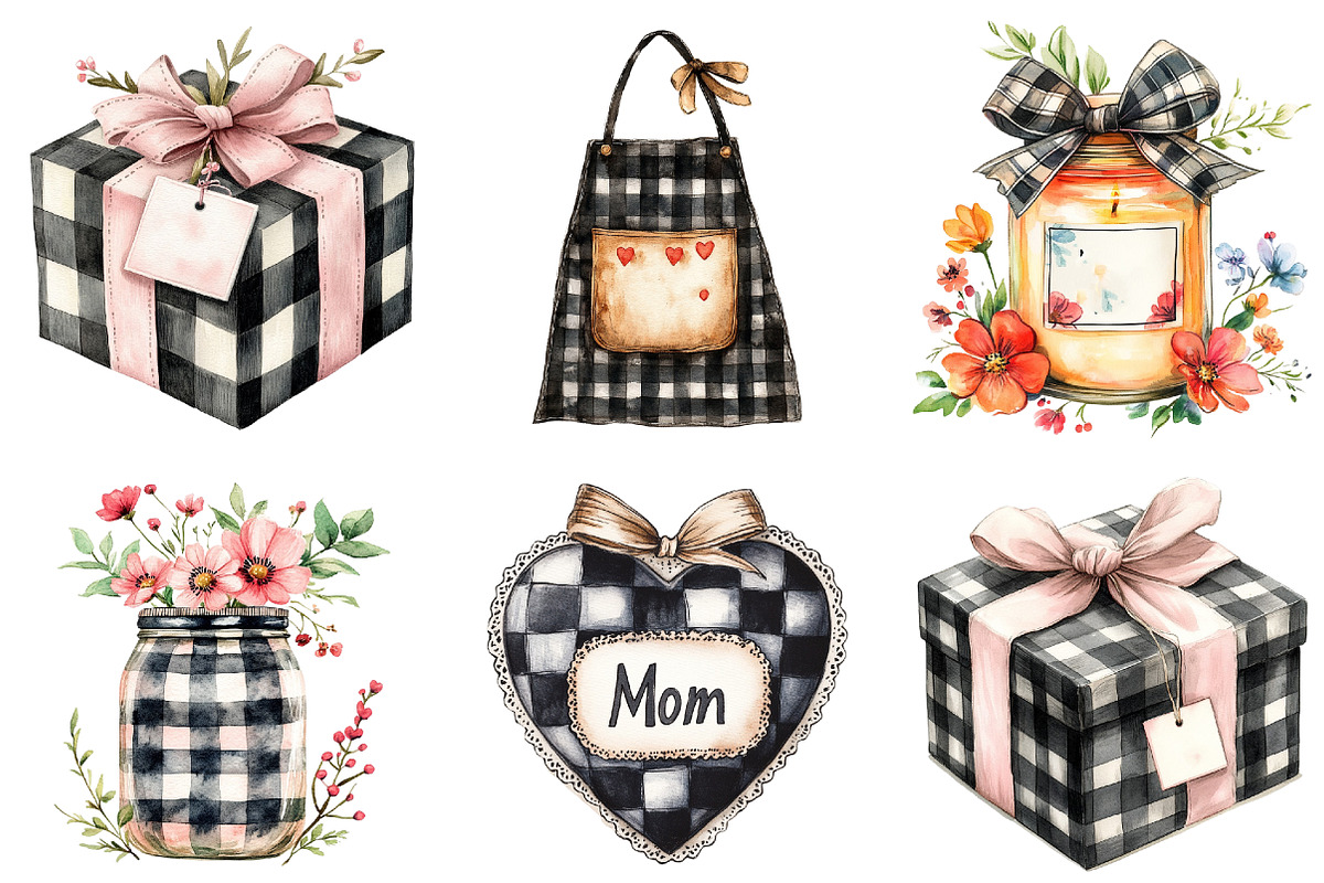 Black Gingham Mother's Day Clipart, an Illustration by Watercolor design (Photo 5 of 5)