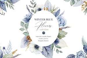 Watercolor winter blue flowers.
