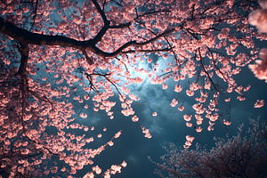 Cherry blossoms at night under moonl, a Nature Photo by Photostock