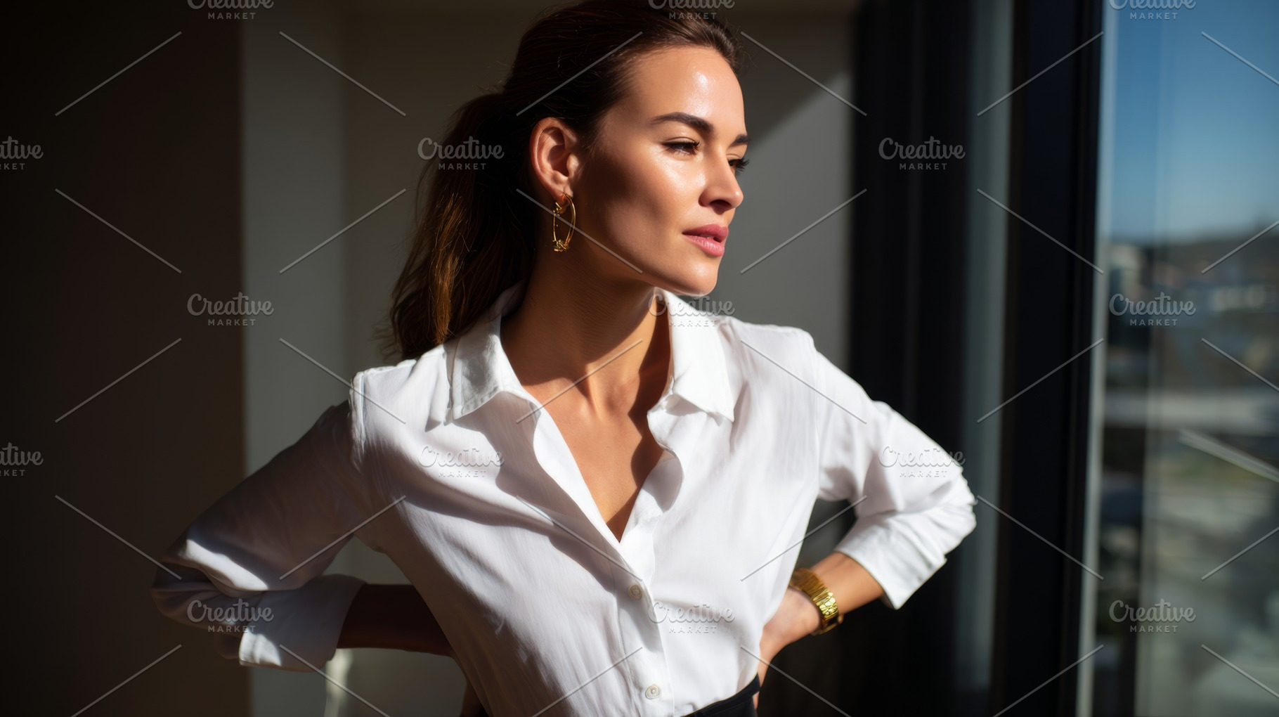 A poised young Caucasian woman in a white blouse gazes thoughtfully out a windo, a Person Photo by ImageMir