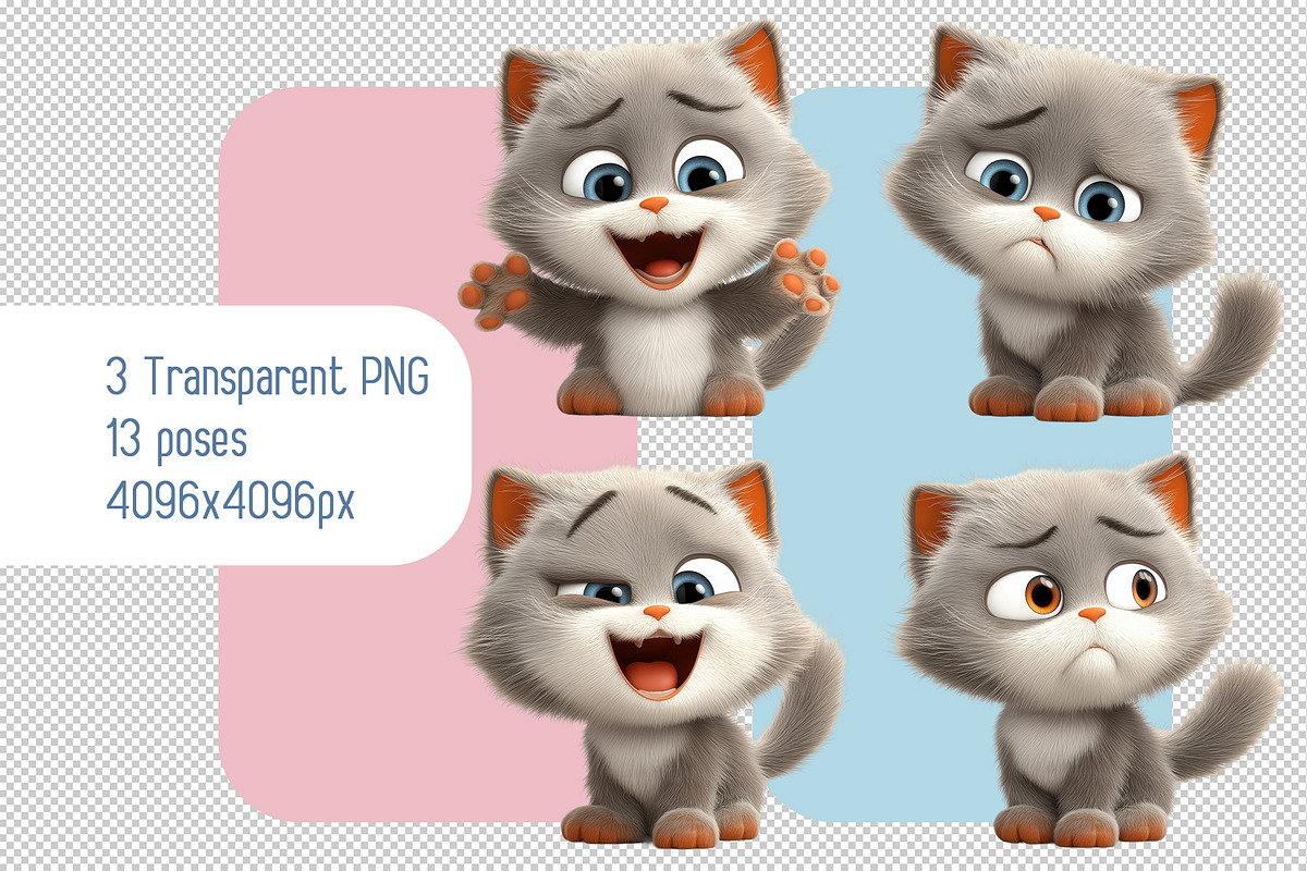 Set of 3d Fluffy Gray Kittens, an Animal Illustration by Ocean Digital Art (Photo 2 of 3)