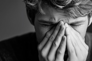 Young man with hands on face, a Health & Medical Photo by MistyDay