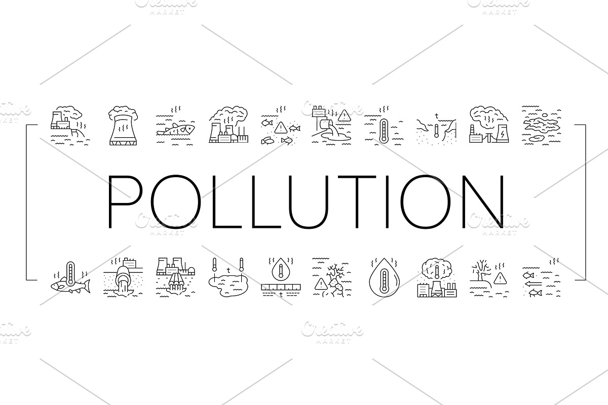 thermal pollution ecosystem icons, an Illustration by pikepicture