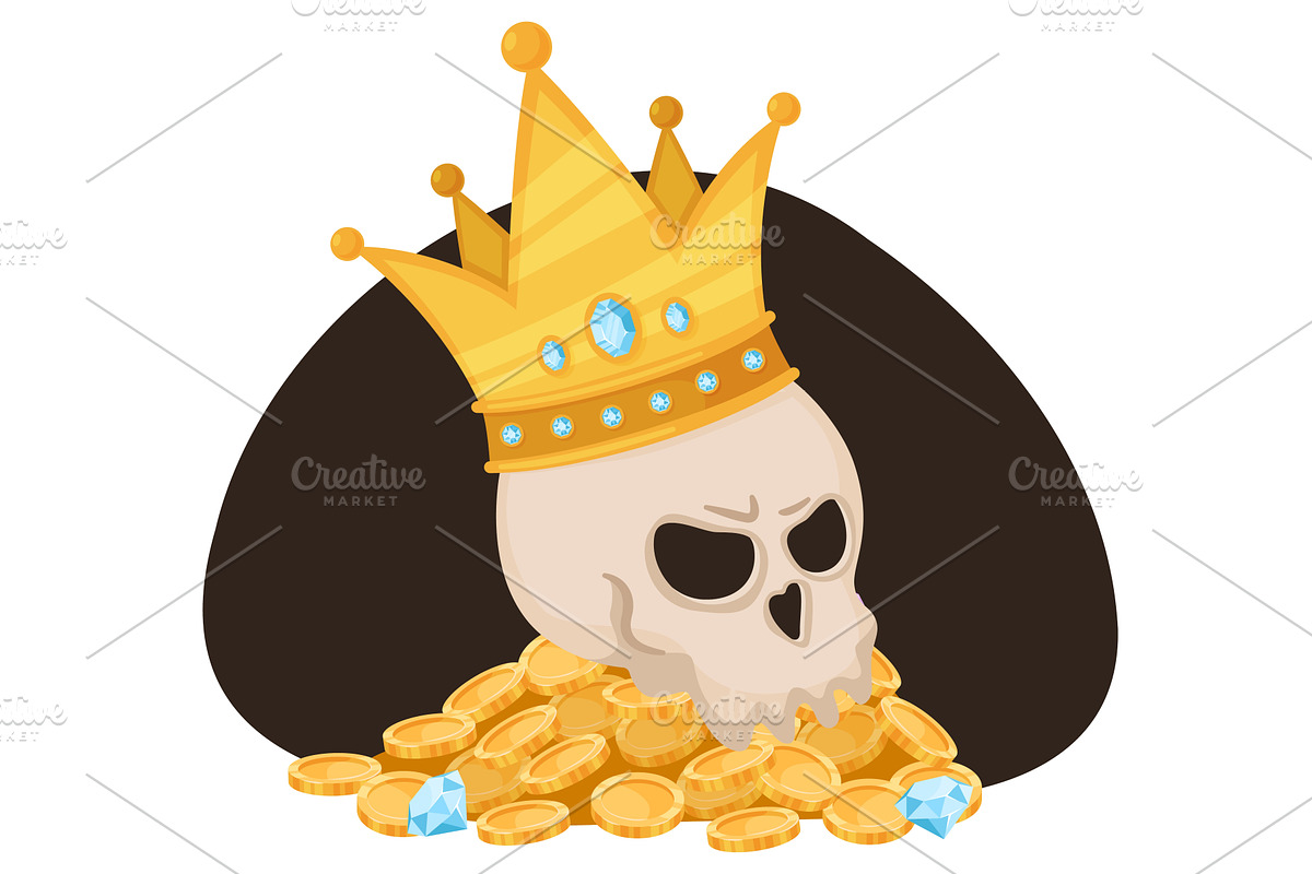 Human skull wearing golden crown, an Object Illustration by Vectorbuum