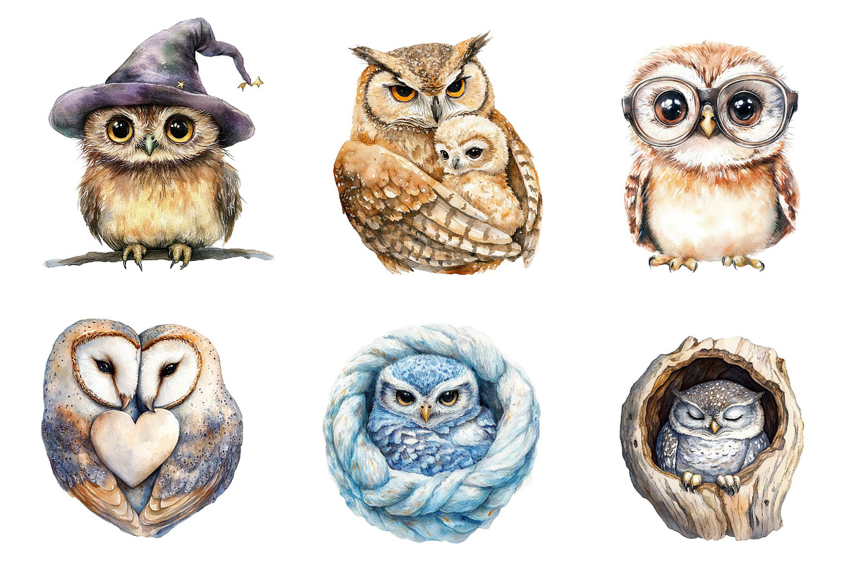 Watercolor Owl & Owlet Clipart, an Illustration by CreationArt (Photo 2 of 5)