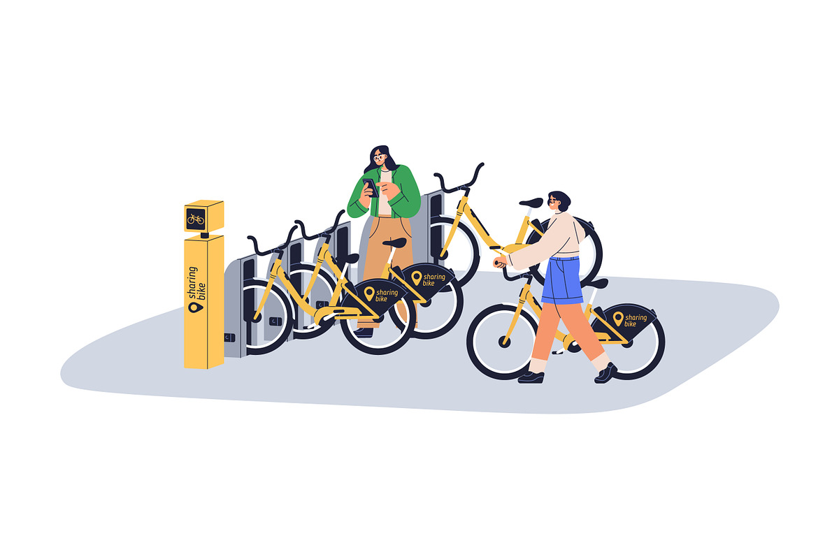 Cyclists at bicycle parking lots set, a Transportation Illustration by Good Studio (Photo 3 of 3)