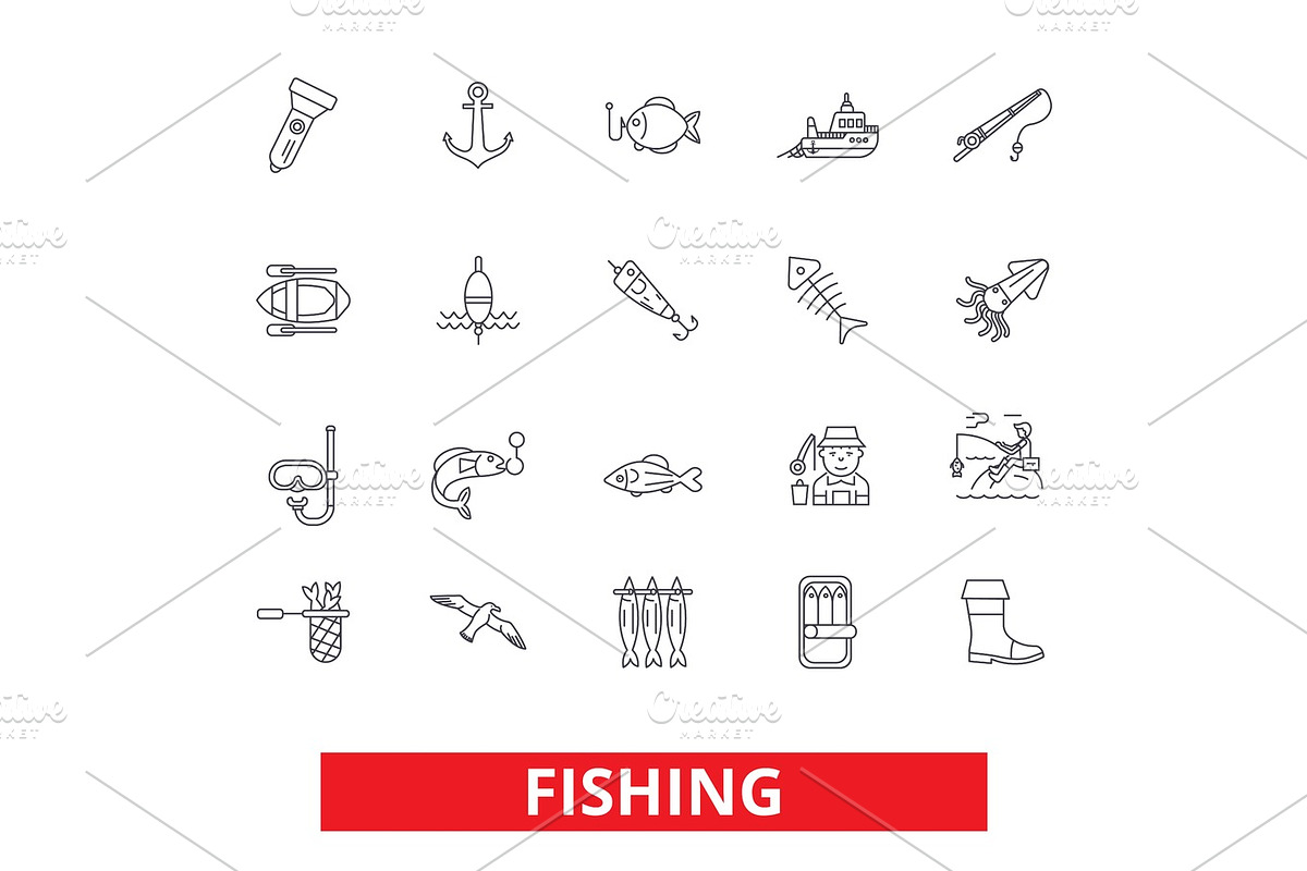 Fishing boat, rod, yachting, hook, fish, fisherman, sea food line icons. Editable strokes. Flat design vector illustration symbol concept. Linear signs isolated on white background, an Outline Icon by urban icon