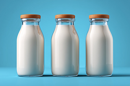 Three bottles of milk on blue, a Food & Drink Photo by MistyDay