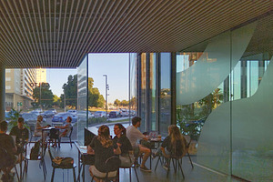 Modern café with glass walls and people, a Food & Drink Photo by DanFLCreativo