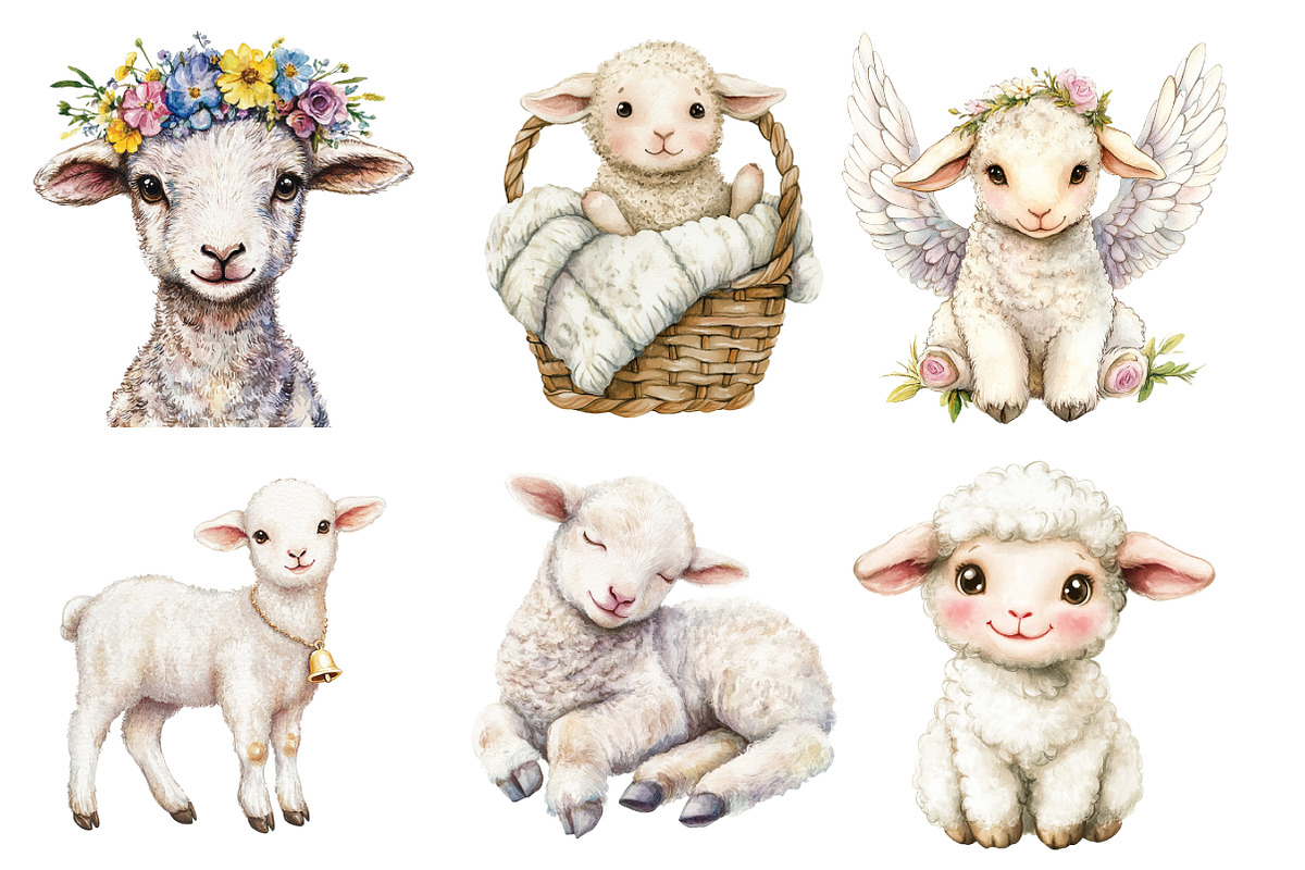 Watercolor Lambs Clipart PNG, an Illustration by SinaCreation (Photo 3 of 5)