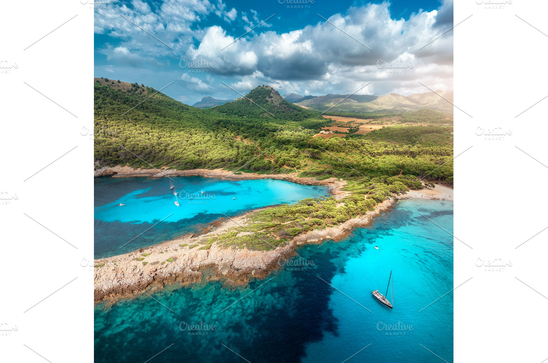 Aerial drone view of boats, rocky, a Nature Photo by den-belitsky
