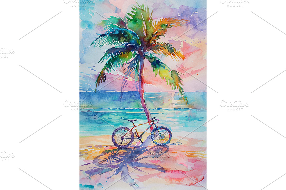 Palm Tree and Bicycle Tropical Art, a Decorative Illustration by Art Paradise Studios