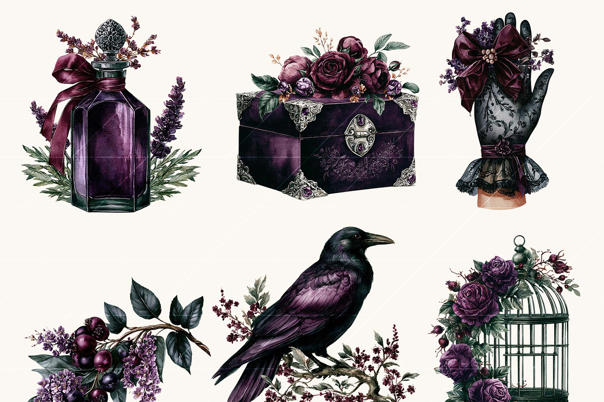 Dark Floral Watercolor Clipart, a Decorative Illustration by BusyDaydesign (Photo 5 of 9)