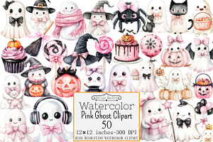 Watercolor Pink Ghost Clipart, a Seasonal Illustration by Design Market