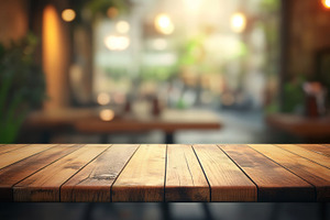 Rustic Wooden Table with Outdoor Cafe Background, an Abstract Photo by Natalia Klenova's Shop