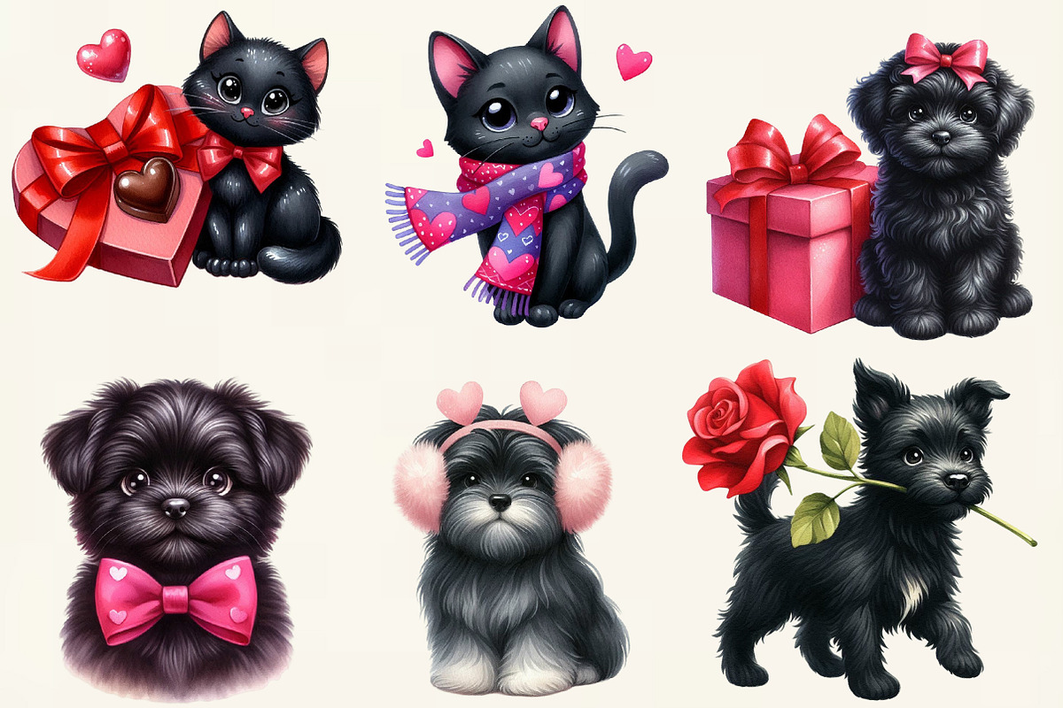 Whimsical Valentine Black Dog & Cat, an Illustration by DreamCafeArt (Photo 4 of 6)