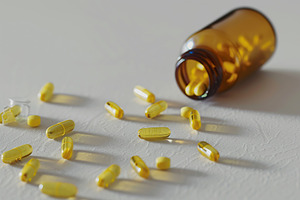 Medicine pills and glass bottle on grey background, a Health & Medical Photo by AlyaAnd