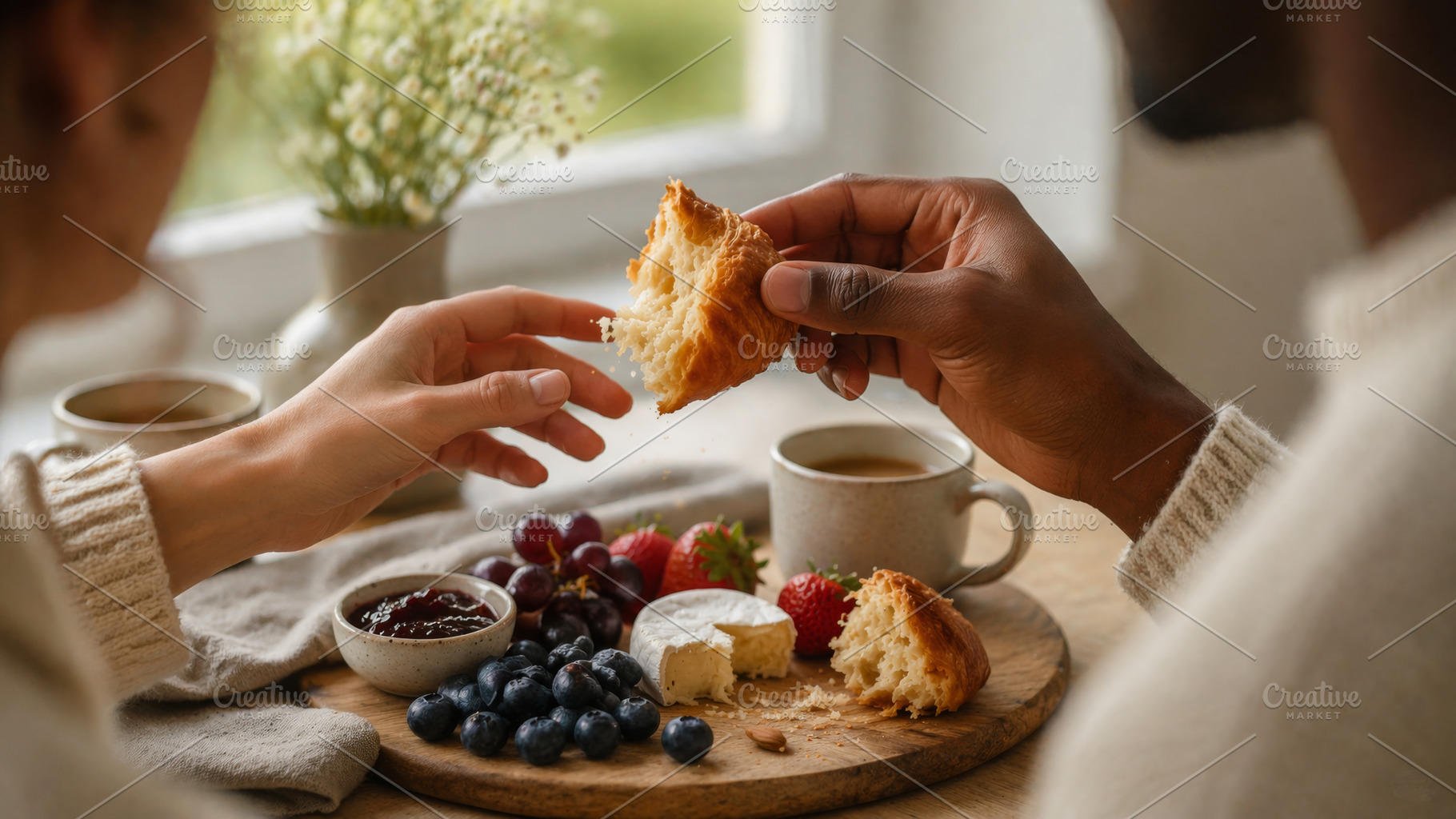 Breakfast grazing board with fruit,, a Photo by Dvoevnore photos