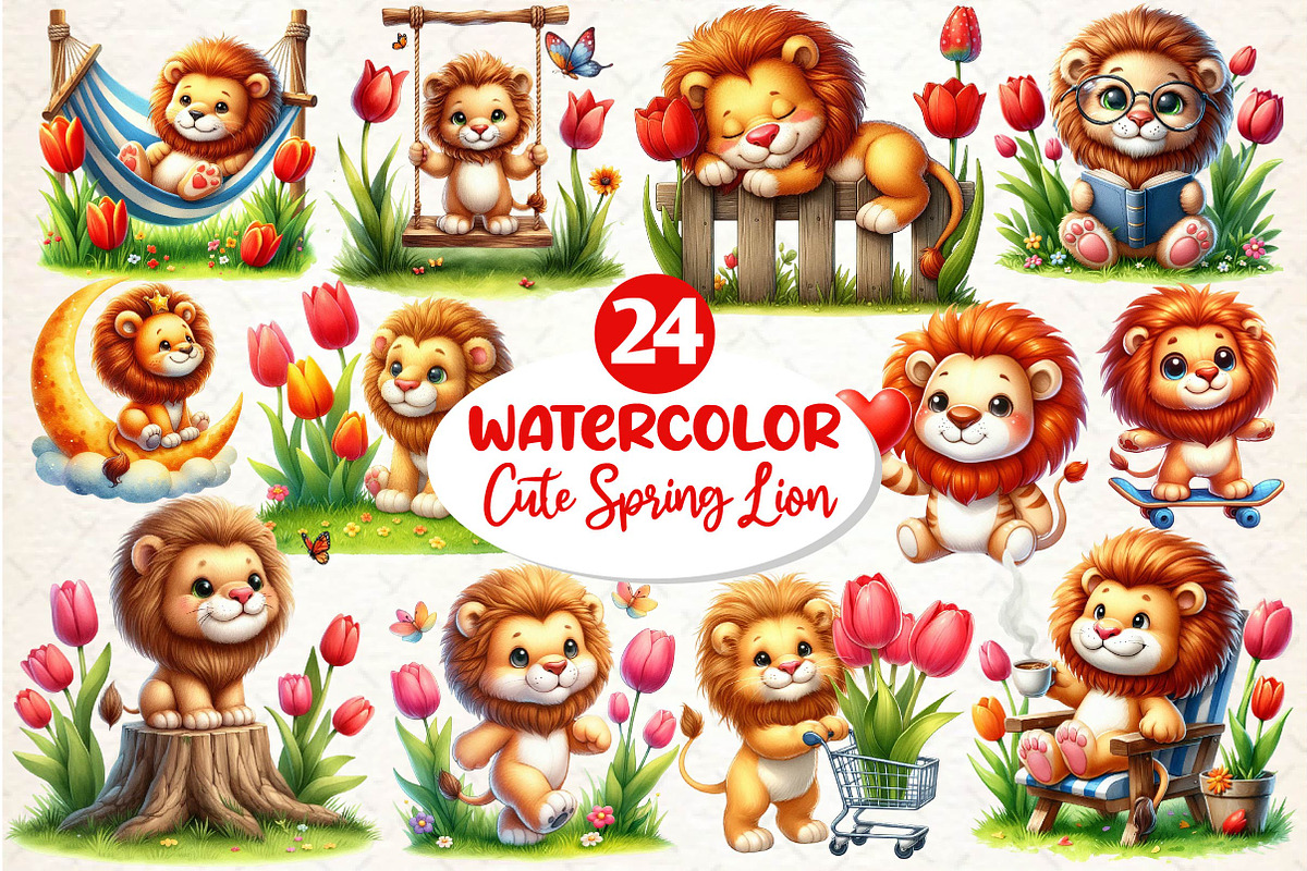 Watercolor Cute Spring Lion Clipart, an Illustration by Dream Creation (Photo 1 of 5)