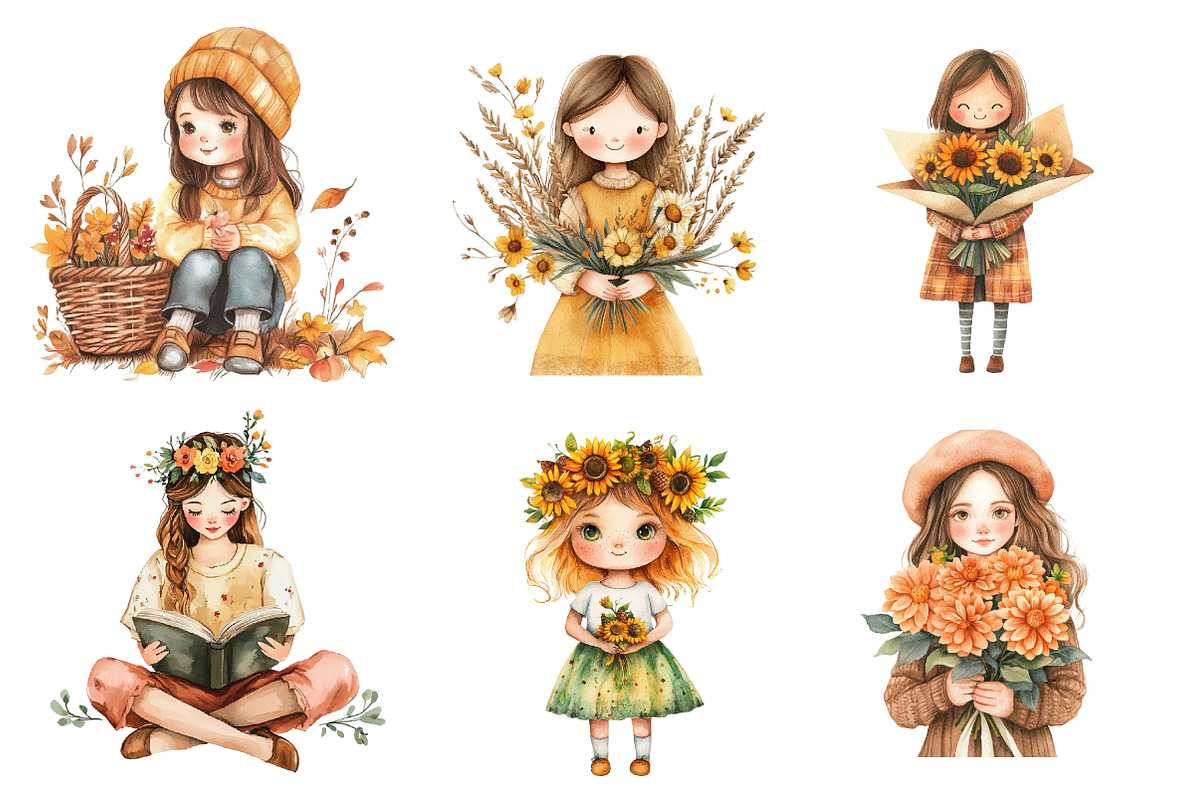 Girls with Fall Flowers Clipart, an Illustration by CreationArt (Photo 3 of 4)