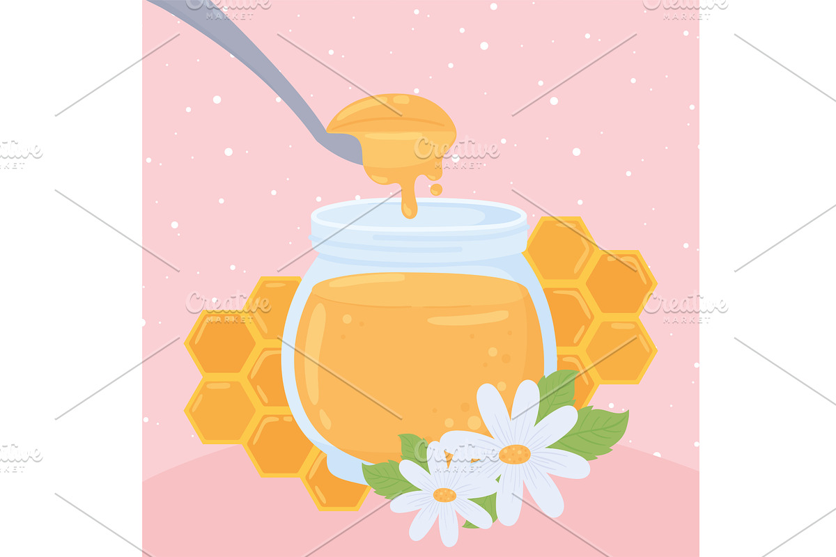 jar honey and flowers, a Food Illustration by studiogstock