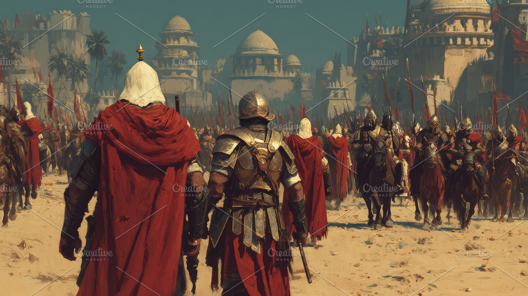 Armored medieval army marching through a desert city with red cloaks and banner, a Photo by AS photostudio