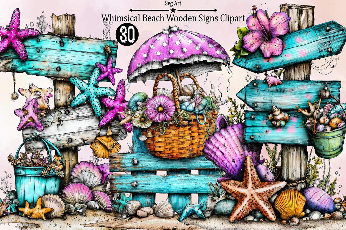 Whimsical Beach Wooden Signs Clipart, an Illustration by SVGArt (Photo 1 of 9)
