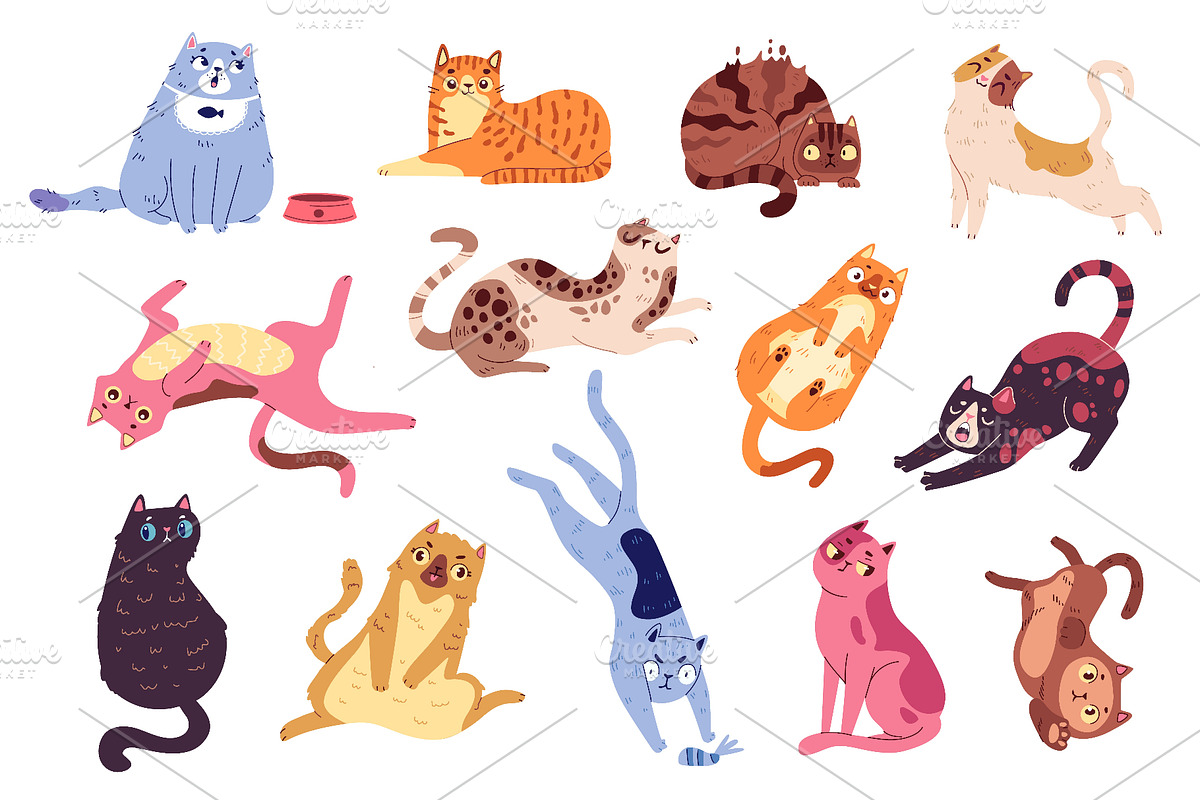 Flat cats in different posees, an Animal Illustration by Ksania