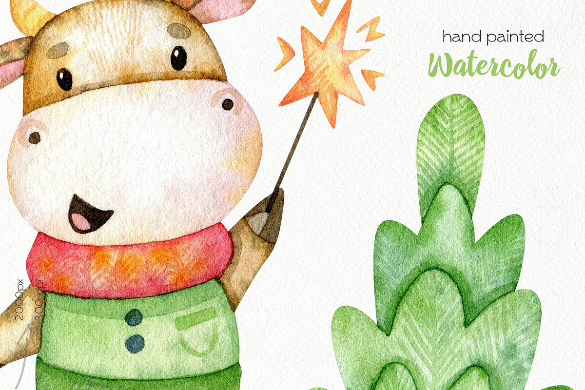 Watercolor Christmas Bulls Clipart, a Decorative Illustration by OllyKo Art (Photo 7 of 8)