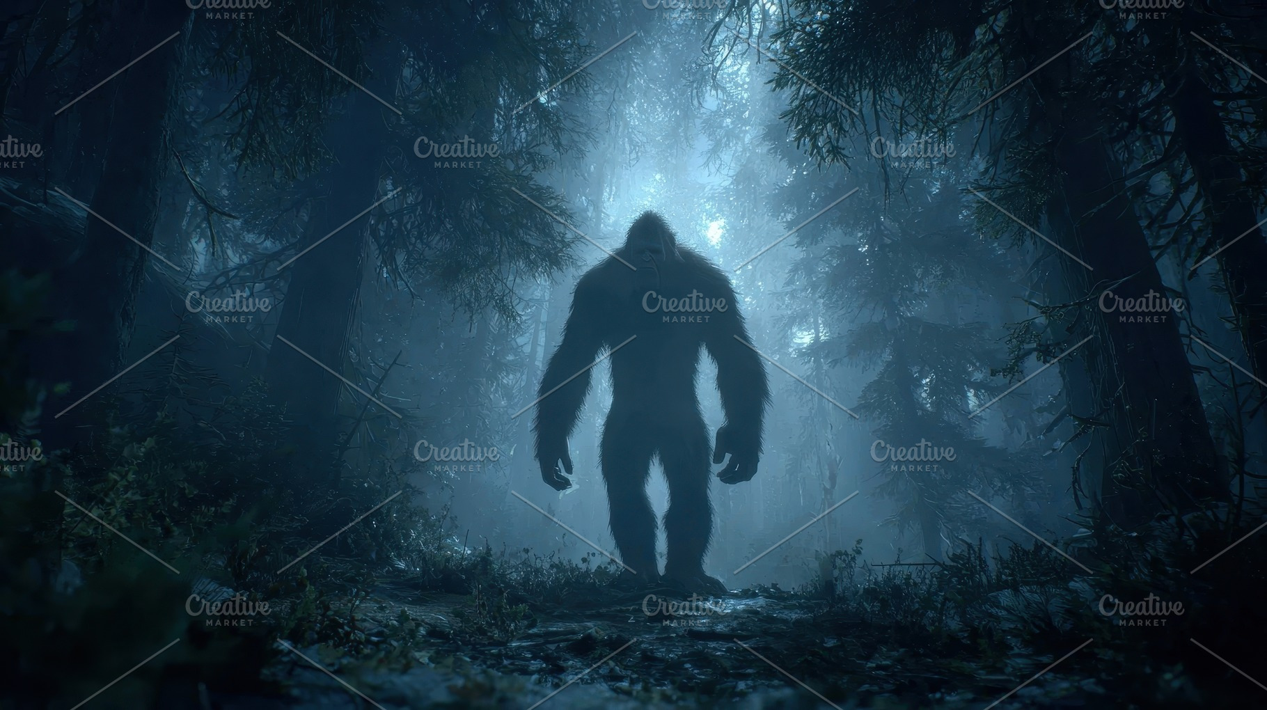 Bigfoot in a dark foggy forest at ni, a Photo by Pixeness Studio